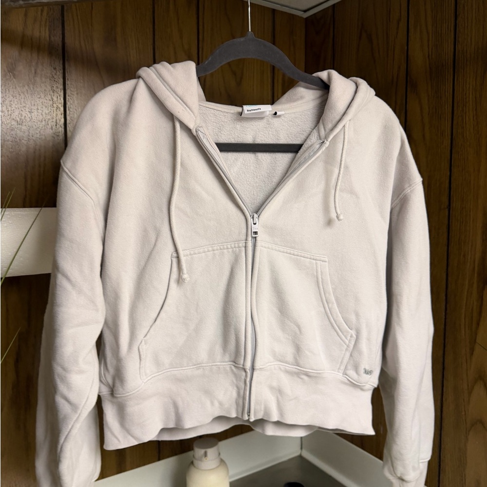 Creamy Grey Aritzia TNA Cropped Zip-Up Hoodie